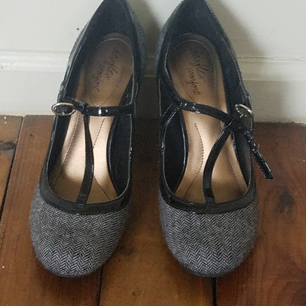 Black t-strap high heel shoes